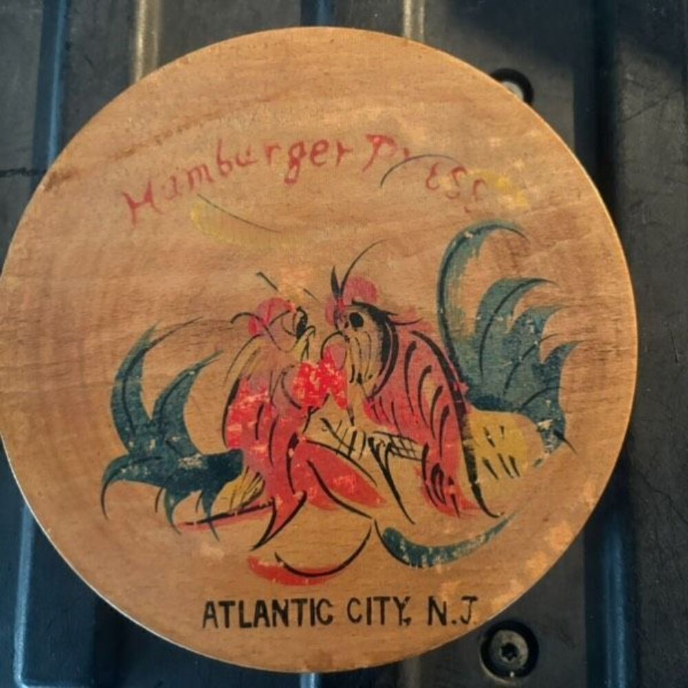 Atlantic City NJ Vintage Rooster Wooden Hamburger Press
